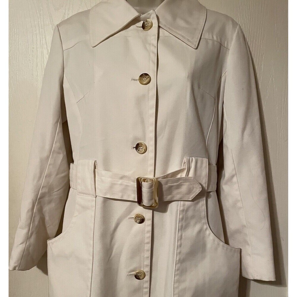London Fog Off White Maincoat Trench Coat Faux Tortoise Buttons & Buckle - Picture 2 of 16